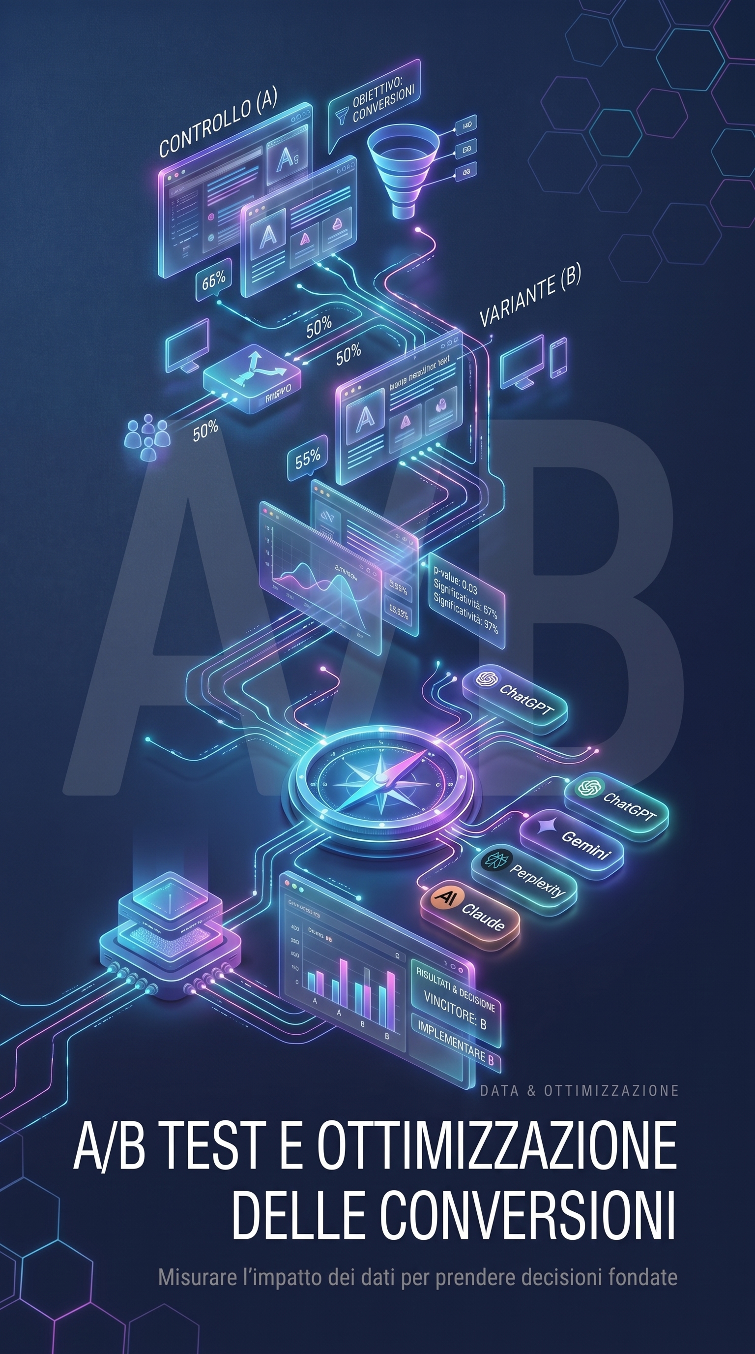 Schema visivo di un A/B test con versione A e versione B a confronto, metriche di conversione e significatività statistica