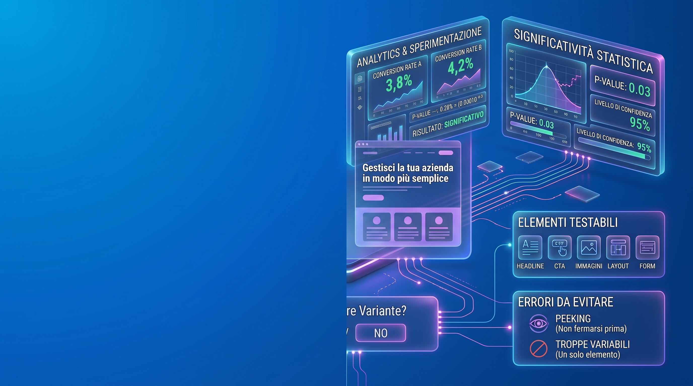Schema visivo di un A/B test con versione A e versione B a confronto, metriche di conversione e significatività statistica