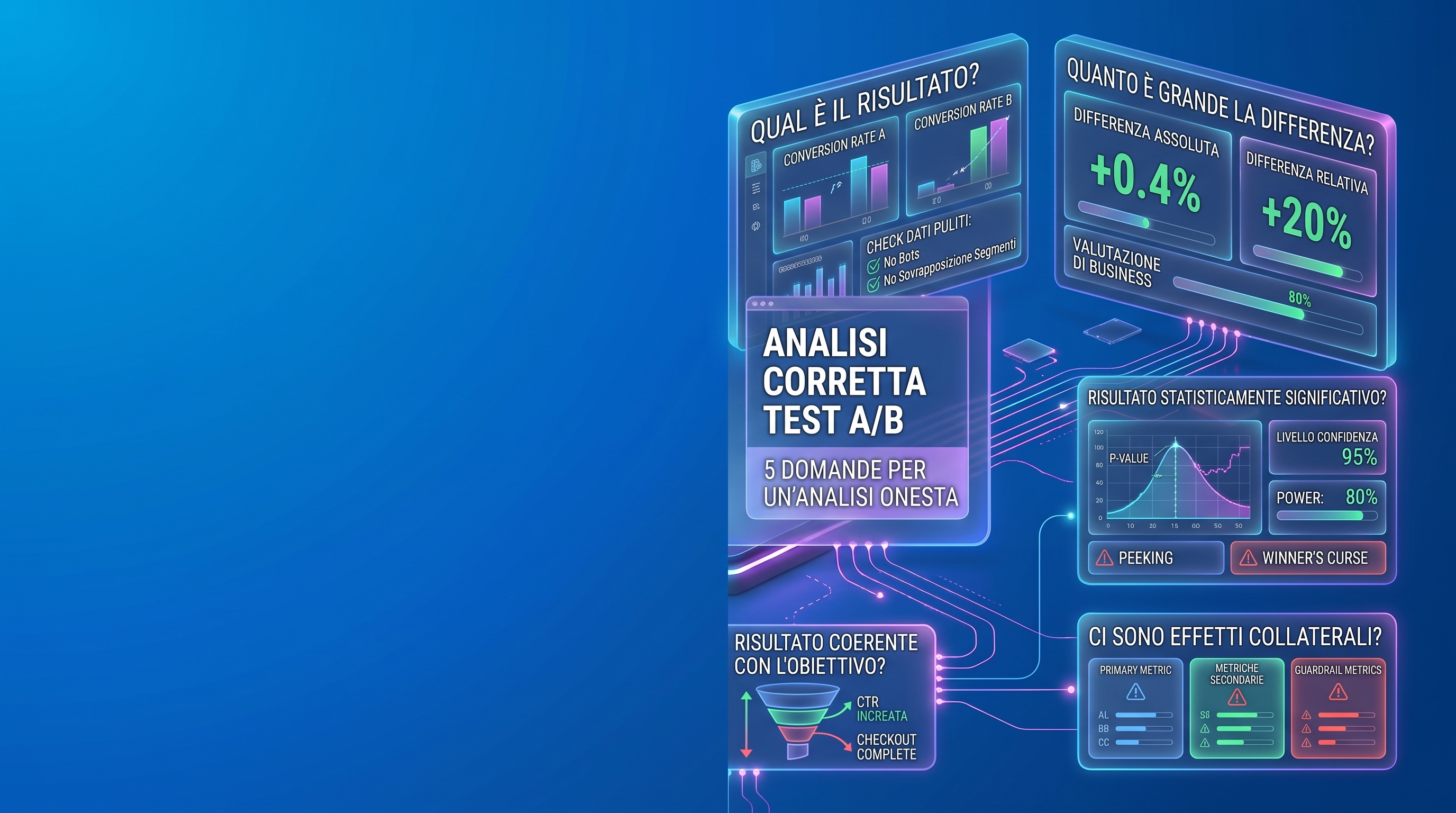 Analisi dei risultati di un A/B test: grafici di conversione, significatività statistica e confronto tra variante A e variante B