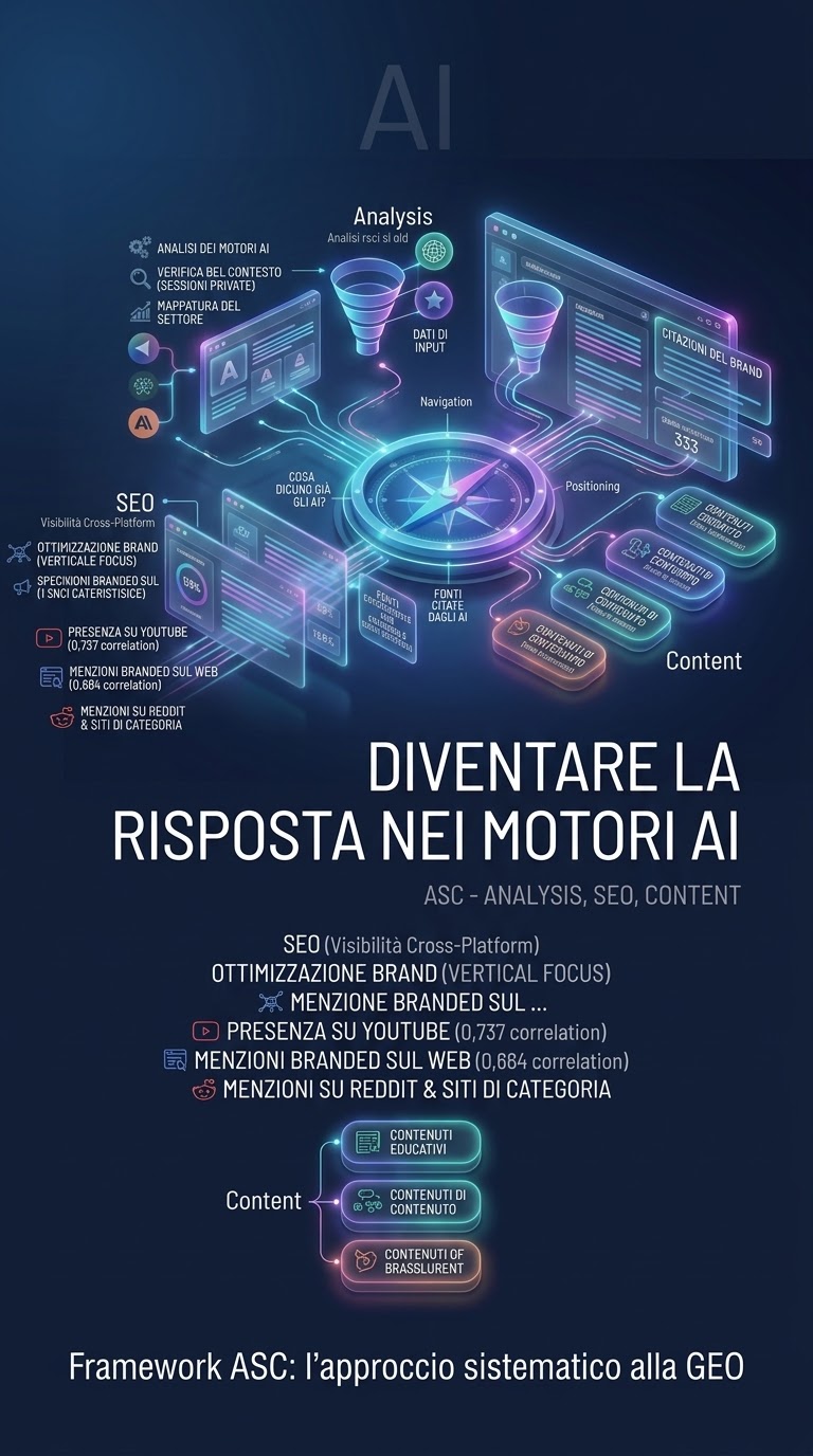 Illustrazione del Framework ASC per la GEO — Analysis, SEO, Content per la visibilità nei motori AI
