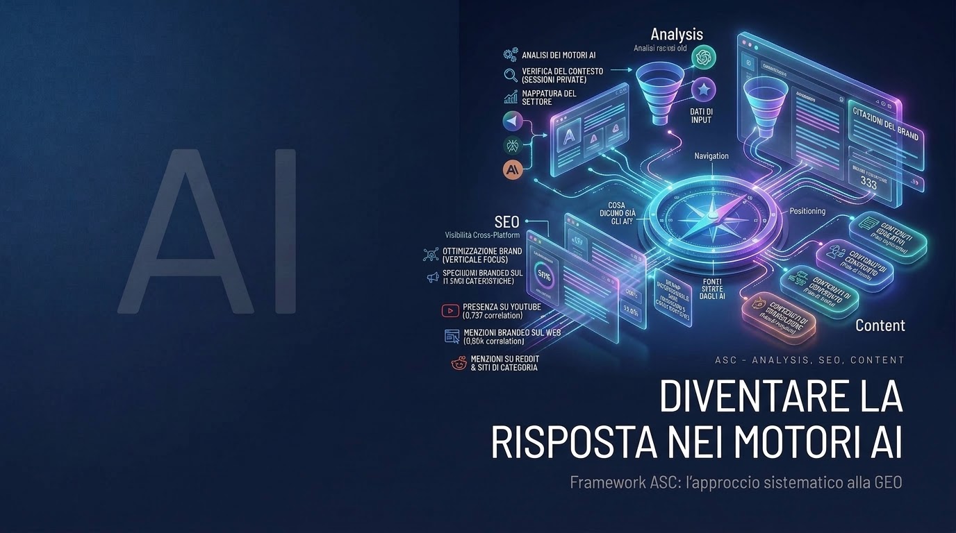 Illustrazione del Framework ASC per la GEO — Analysis, SEO, Content per la visibilità nei motori AI