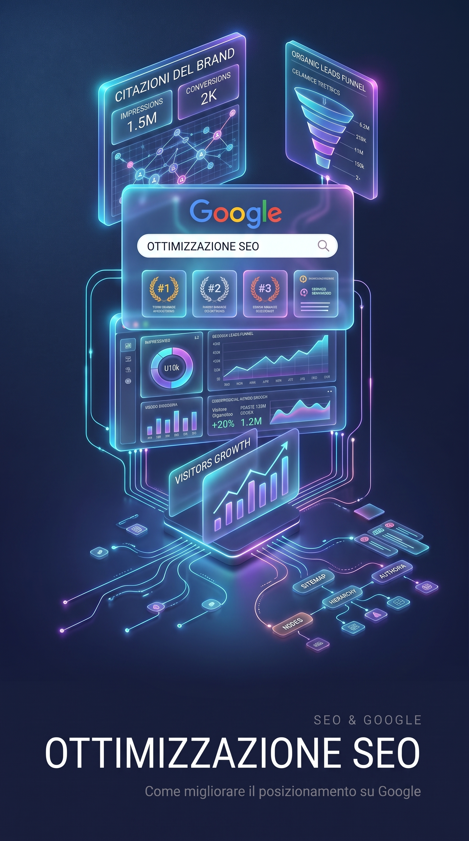 Ottimizzazione SEO e posizionamento su Google . Rappresentazione visuale delle strategie per migliorare la visibilità organica di un sito web.